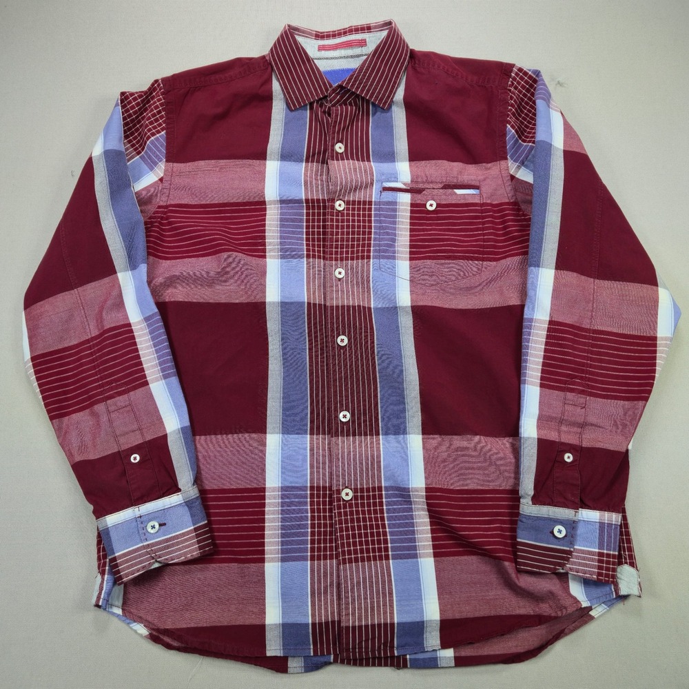 Tommy Bahama Button‎ Down Shirt Plaid Long Sleeve Burgundy Blue Mens Size M
